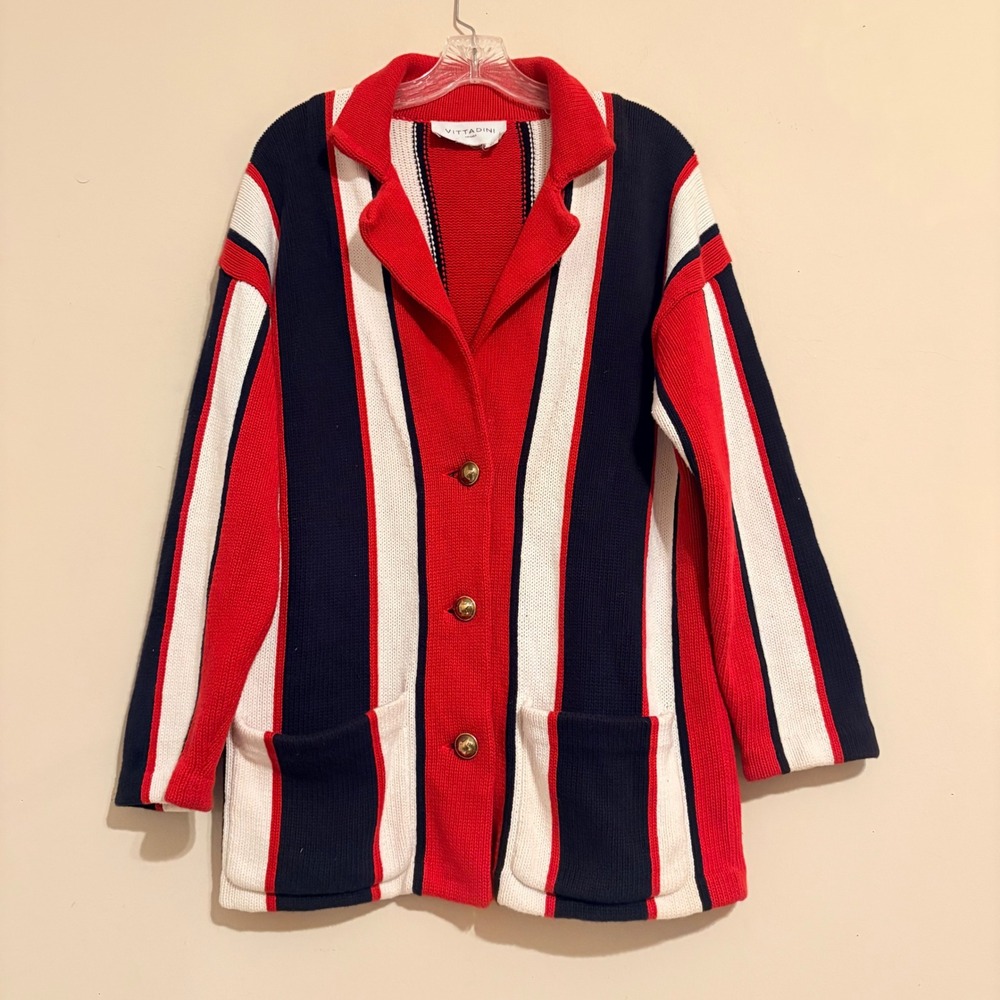 Adrienne Vittadini Sport Vintage Red White Blue Striped Knit Cardigan Sweater M